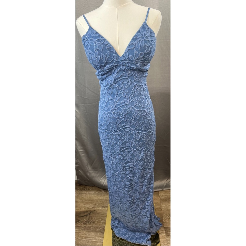 Windsor Blue Embroidered Sparkly Side Slit HOCO Prom Dress Padded Top Small